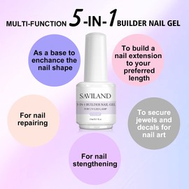 Saviland 5 in 1 Clear Builder Bases Gels-15ml Quick Building Nail Strengthener Gel U V/LED Nail Thickening for Broken Nails Repair Nails Extension Nail Decoration Professional Supplies