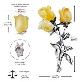 Baltic Amber Sterling Silver Milky Yellow Rose Brooch Gift for Her, Sterling Silver, Amber