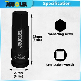 JEUCLEL 2Pcs 21mm Hex Impact Bit Socket, H21 1/2-Inch Impact Drive Allen Socket, Cr-Mo Steel Lengthen Hex Screwdriver Adapter for Electric Ratchet Wrenches Fastening Screws