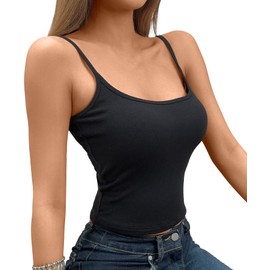 Women’s Ribbed Knit Cropped Cami Top – Built-in Bra Padded Tank, Cross Back, Sleeveless, No Underwire, Y2K Streetwear Look Black