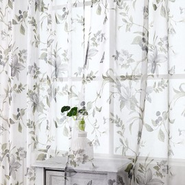 Tollpiz Floral Sheer Tier Curtain Grey Cherry Flower Butterfly Print Half Curtains Kitchen Rod Pocket Voile Linen Look White Sheer Curtain for Bathroom, 30 x 36 inches Long, Set of 2 Panels