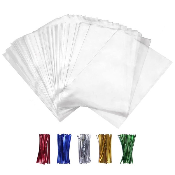 XLSFPY 100PCS Cellophane Bags Clear Plastic Cello Bags 4x6 with 4" Twist Ties 5 Mix Colors - 1.4 mils Thick OPP Treat Bags for Gift Wrapping Packaging Decorations Storage (4'' x 6'')
