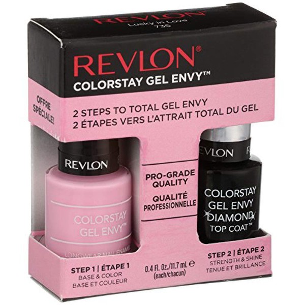 Revlon ColorStay Gel Envy Longwear Nail Polish, with Built-in Base Coat & Glossy Shine Finish, 118 Lucky in Love and Diamond Top Coat, 0.4 oz (2 pack)