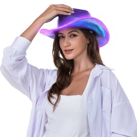 Light Up Disco Cowboy/Cowgirl Hat, Holographic Space, Led Purple