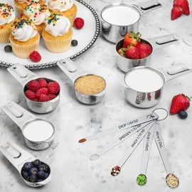 12PCS Measuring Cups and Spoons Set, 7 Stainless Steel Nesting Measuring Cups & 5 Mini Measuring Spoons, Metal Measuring Cups and Spoons Set for Cooking Baking, Dry and Liquid Ingredients Measurement