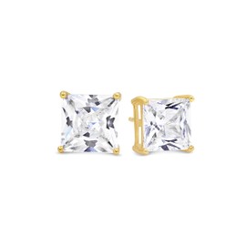 KEZEF Gold Plated Sterling Silver Stud Earrings for Women and Men, Square Princess Cut CZ Cubic Zirconia in 925 Silver Basket Setting, 7mm