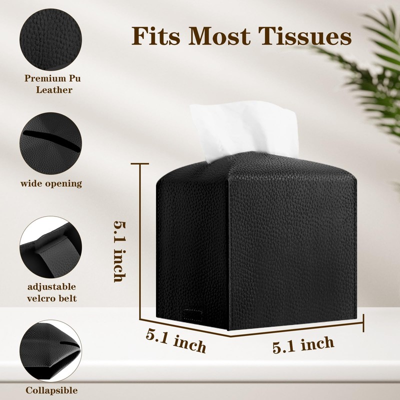 6-Pack Square Tissue Box Cover Holder, Black PU Leather Decorative