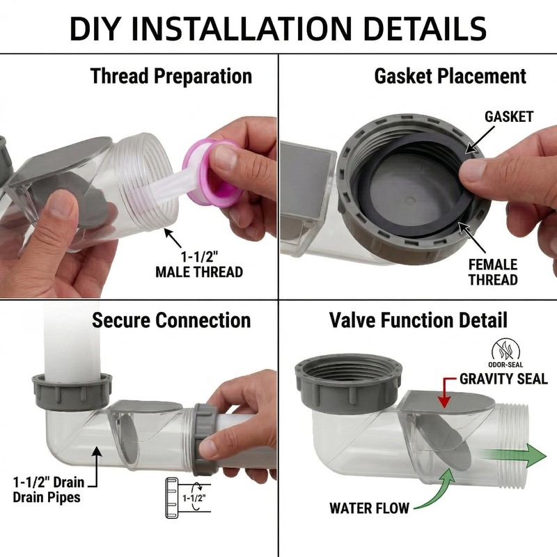 1-1/2" Anti-Odor Sink Trap, One-Way Drain Valve Backflow Preventer, 1