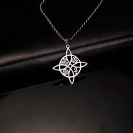 kkjoy Witch Knot Necklace Stainless Steel Magic Knot Pagan Wicca Symbol Pendant 4-Point Celtic Knot Witchcraft Necklace for Women Girls, Stainless Steel, No Gemstone