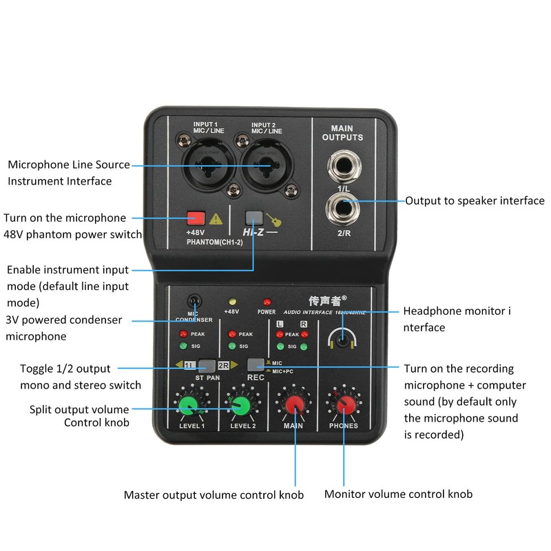 Dpofirs Professional Mixer Sound Board Console, 48V 2 Channel Desk