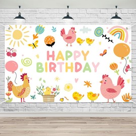 Lofaris Lofaris Chicken Birthday Party Banner Happy First Birthday Decorations for Girls Farm Animals Theme Newborn Baby Photo Backdrop Supplies (70.8x43.3inch)