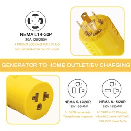 Suplevel Generator Adapter NEMA L14-30P to 5-15/20R 6-15/20R, 30 Amp 125/250 Volt 4 Prong Generator Plug to 15/20 Amp 125/250 Volt Household Regular Connector, for Generator to Home Outlet EV Charger