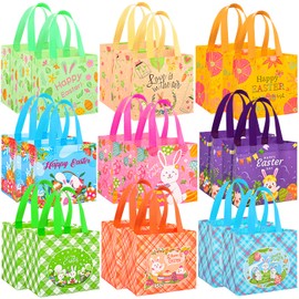 18 Pack Easter Egg Hunt Bags, 8.3×7.9×6 inch Large Easter Bags with Handles,Bunny&Chick Egg Hunt Baskets for Kids, Adults, Party Supplies and Holiday Decor(9 Unique Patterns)