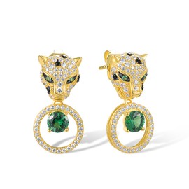 Santuzza 925 Sterling Silver Gemstone Golden Leopard Earrings Green Spinel Cubic Zirconia Stud Earrings for Women