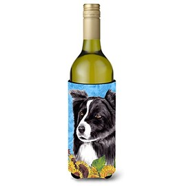 Caroline's Treasures SC9071LITERK Border Collie in Summer Flowers Wine Bottle Hugger Bottle Cooler Sleeve Hugger Machine Washable Collapsible Insulator Beverage Insulated Holder