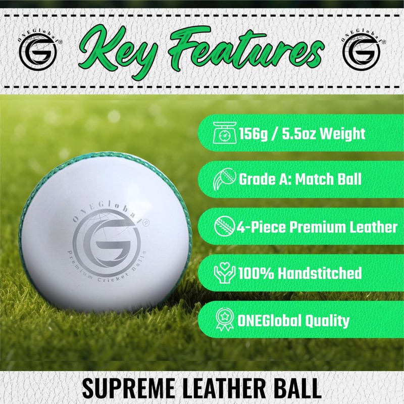 ONEGlobal Supreme Leather Cricket Ball | 100% Handstitched, 156g -