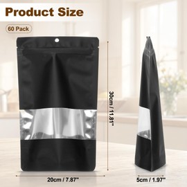 PATIKIL 7.87x11.81 in Stand Up Pouch Bags, 60 Pack Resealable Matte Metallic Aluminum Foil Bags Pouches with Clear Window and Zip for Food Storage Snack Packaging, Black