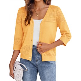 Zeagoo Womens Lightweight Summer Cropped Cardigan 3/4 Sleeve Button up Thin Bolero Crochet Knit Shrug Sweater Yellow