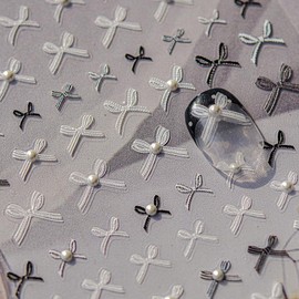 UEYRSEDB Lace Bow Nail Stickers White Black Bowknot Nail Art Stickers Self-Adhesive Pearl Charms Nails Decals Cute Ribbon Bow Nails Design Bowknot Supplies Sticker for Women Manicure DIY