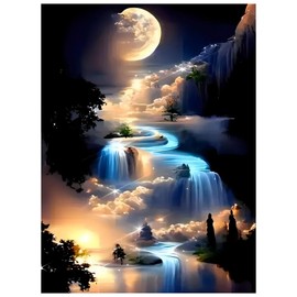 Diamond Painting Landscape, Diamond Painting Kits for Adults Fantasy, Moon and Waterfall Diamond Art, Peinture Diamant for Gifts and Home Wall Decor 12x16 Inch