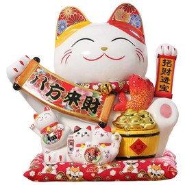 HODESunPure Chinese Lucky Cat Waving Arm Statue Ceramic Maneki Neko Money Fortune Cat Decorations for Store Company Opening, Office, Cash Register, Desk Decor (White-Wealth)