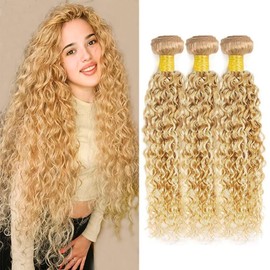 QEUOPE P27613 Honey Blonde Kinkycurly Human Hair Bundles Highlight Blonde Deep Curly Brazilian Hair Extensions Ombre Two Tone Blonde Mixed With 613 Bundles for Women 26 28 30 inch