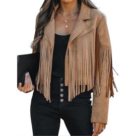 Bibowa Faux Suede Leather Jackets for Women Trendy Cowgirl Outfits Fall Western Fringe Cropped Jacket 2025 Tassel Motorcycle Crop Coats Winter Dark Khaki L