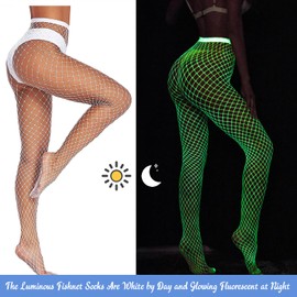 Glamorstar Glow in the Dark Fishnet Stockings Luminous Hollow Out High Waist Tights Pantyhose for Women White