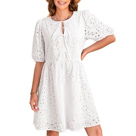 Dokotoo White Dress Women 2025 Fashion V Neck Embroidered Summer Dress Elegant Hollow Out Eyelet Tie Front Cotton Dress Short Sleeve Casual A Line Mini Dresses X-Large