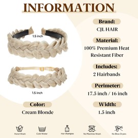 CJL HAIR 2PCs Braided Headbands Hair Piece for Women Synthetic Hair Hoops Head Bands Handmade Braid Hairband Accessories Elastic Stretch Headwrap for Girl Cream Blonde