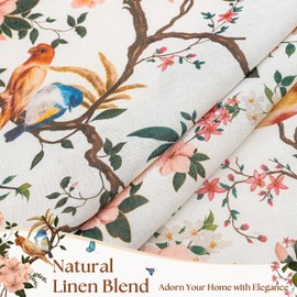 Beige White and Pink Floral Bird Linen Curtains 84 Inches Long for Living Room 2 Panels Back Tab Vintage Farmhouse Semi Sheer Cream Ivory Print Flower Leaf Window Drapes for Dining Room Bedroom 7ft