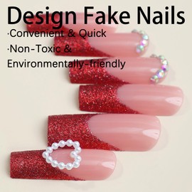 Press on Nails Long Coffin French Glossy Full Cover Acrylic Extra Long Square Rhinestone Red False Nails with Heart Pearl Designs Artificial Fake Nails with Charm Glue Stick on Fingernails for Women