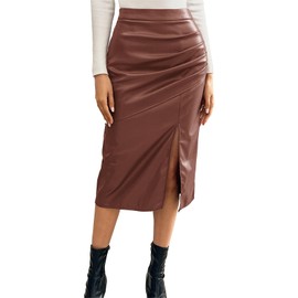 Kate Kasin Women's Faux Leather Skirt PU Pencil Skirt High Waist Leather Skirt Bodycon Midi Skirt with Slit, dark brown