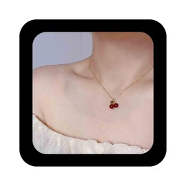 Cimenexe Bohemian Cherry Choker Necklace Red Ruby Cherry Pendant Necklace Gold Cherry Chain Collar Necklace Red Acrylic Cherry Necklace Jewelry for Women
