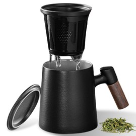 Tea Cup with Lid and Strainer, 400 ml Wooden Handle Tea Cup, Tea Cup with Strainer, Cup with Lid, Tea Cup, Tea Cup with Lid for Gift, Home, Soaking Tea