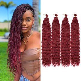 Ocean Wave Crochet Hair 30 inch 4 Packs Long Burgundy Deep Wave Curly Braiding Hair Soft Synthetic Curly Crochet Hair For Black Women(30 Inch, BUG）