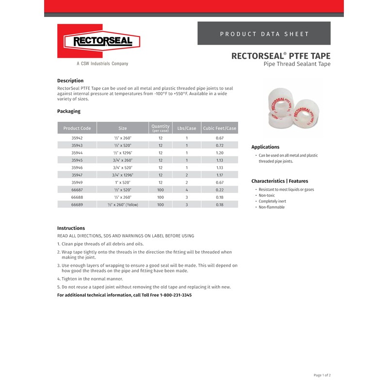 RectorSeal PTFE Tape 35942 Pipe Thread Sealant, Pure PTFE, Plumbing,