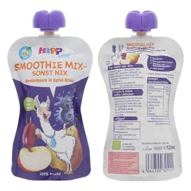 HiPP Smoothie Mix in Squeeze Bag, Blueberry in Apple Pear, 100% Organic Fruits without Added Sugar, 6 x 120 ml Bags