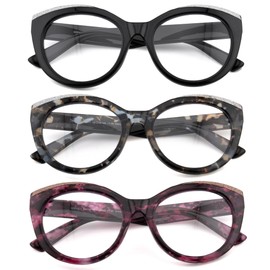SOPHILY 3 Pairs Reading Glasses for Women Oversized One Power Stylish Ladies Readers Blue Light Blocking Glitter Bling Frame, Clear Lenses: Black + Blue Quartz + Red Leopard, +1.00