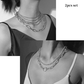 MOKAVIKY 25 Silver Layered Necklaces for Women Simple Punk Chunky Necklaces Silver Chain Goth Necklace (2pcs Silver)