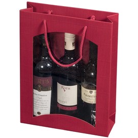 karton-billiger Bottle Carrier Bag with Window in 4 Colours for 1,2 or 3 Bottles, Pack of 20 (3 Bottles, Red)