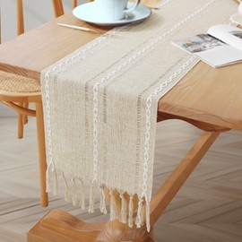 ZephyrCraft Handmade Table Runner with Tassels Macrame Decor Rustic Boho Style Linen in Beige Cream for Dining Room Kitchen Wedding and Celebrations 72 x 13 Inch