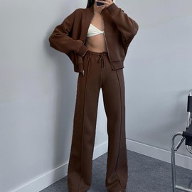 amropi Women's Tracksuit Zipper Jacket Top and Jogging Pants 2 Pieces Sweatsuit Set Coffee, XL