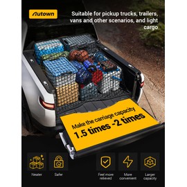 AUTOWN Cargo Net for Pickup Truck Bed - Stretchable 4'x4' to 7'x7', High Elastic Fine Mesh 1''x1'' with 8 Metal Carabiners - Ideal for ATV, SUV, UTV, Truck and Boat Use (Single Layer)