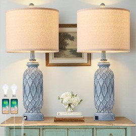 Ireliare 28" Living Room Lamps Set of 2, Farmhouse Lamps for Bedroom with USB A+C Charging Ports, Touch Lamps for Nightstand, 2 Bulbs Included