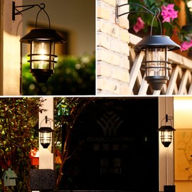2 Pack Solar Lights Outdoor Lanterns,Waterproof Hanging Solar Lights Lantern Glass Metal with Wall Mount Kit, Garden Lanterns Solar Powered for Outdoor, Fence, Front Porch Exterior Lighting
