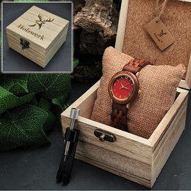Holzwerk Germany Handmade Designer Women's Watch Eco Natural Wood Watch Brown Gold Red Wood Bracelet Watch Analogue Classic Quartz Watch, Brown / red, Bracelet