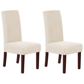Stretch Dining Chair Covers Chair Covers for Dining Room Set of 2 Parson Chair Covers Slipcovers Chair Protectors Covers Dining, Feature Spandex Textured Checked Jacquard Fabric, Biscotti Beige