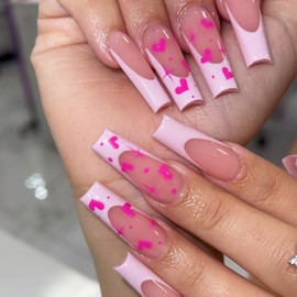 24Pcs Valentine's Day Heart Press on Nails Coffin Long Fake Nails with Nail Glue Pink French Tip Ballerina Art False Nails Tips with Design Glossy Glue on Nails Acrylic Artificial Nails for Women
