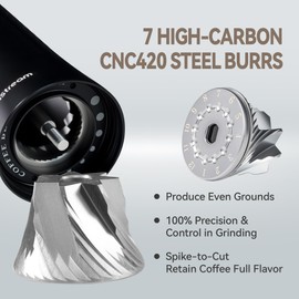 Optistream Portable Manual Coffee Grinder – Effortless 7 CNC420 High-Carbon Steel Burrs, Uniform 20 μm Grind, Full Aluminum Body & Tinted Glass Jar, 25 g capacity for travel (Black)